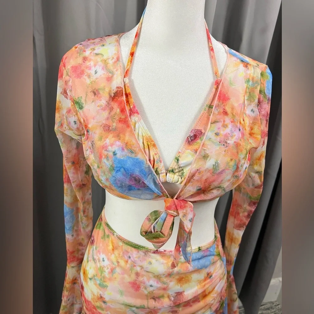 New 4 Piece Bikini Top Skirt Cover Up Tropical Pink Orange Yellow Cruise‎ Sz S